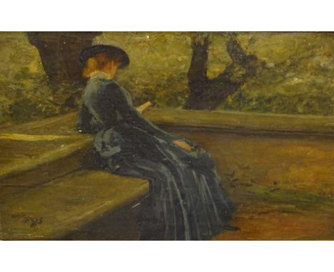 Phillip Wilson Steer (19thC/20thC). Lady in costume reading, seated on garden bench, oil on canvas, monogrammed and dated (19