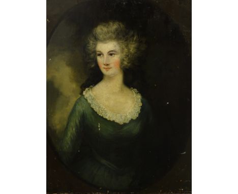 19thC British School. Half length portrait of a woman in a green dress with lace collar, oil on canvas, 92cm x 71cm.