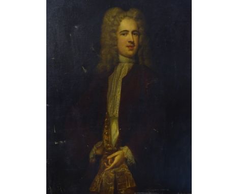 18thC School. Three quarter portrait of a gentleman in red jacket, gold waistcoat, silk collar and wig, oil on canvas, 126.5c