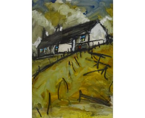 Sarah Hutton. Farm on the Moors, oil on paper, signed and titled verso, 57cm x 38cm.