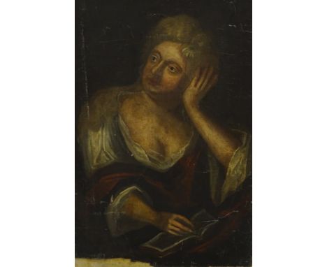 18thC/19thC School. Half length portrait of a lady reading a book, oil on canvas, 76cm x 46cm.