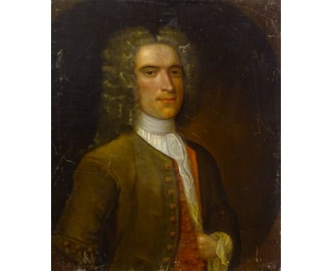 18thC School. Half length portrait of a gentleman in gold jacket, lace collar and wig, oil on canvas, 76cm x 63.5cm.