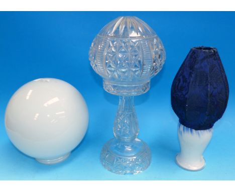 A 1930's cut glass domed table lamp; a small table lamp with label 'Royal Copenhagen; an opaque light bowl