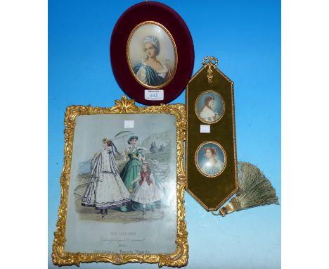 A 20th century miniature half-length portrait of woman in 19th century dress; a similar pair of miniatures; a fashion print