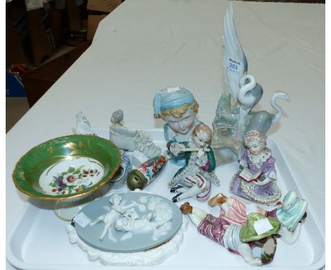 A Lladro style group of 2 herons (unmarked); 2 small majolica figures of black children; miniature and decorative china