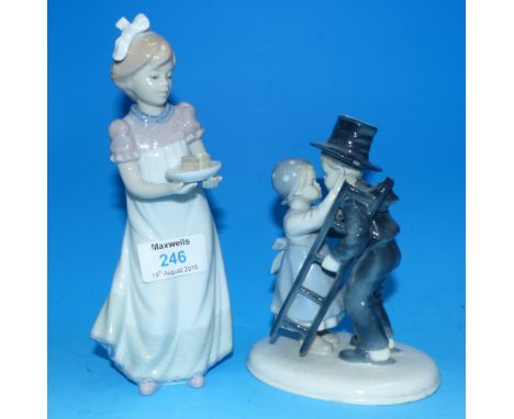 A originally boxed Lladro figure, girl with plate; a similar German group, boy chimney sweep and girl