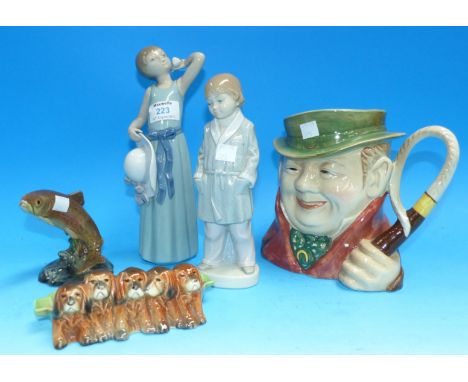 Two Lladro figures:  boy and girl; a Beswick leaping salmon, height 4"; an ashtray; a Toby jug