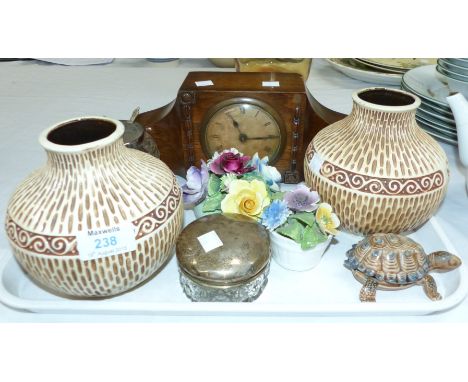 A pair of Bretby vases; a silver topped pot; a mantel clock; etc.