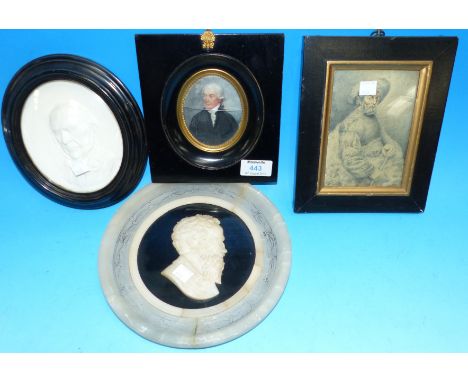 Late 18th / early 19th century, half-length portrait of a gentleman in wig, oval miniature in ebonised frame; a miniature wat