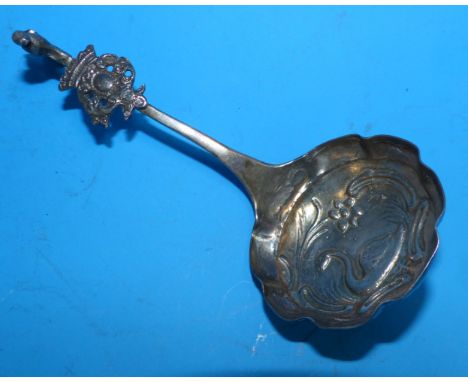A 19th century Art Nouveau period continental sauce ladle with cast animal and crown terminal, and swan embossed bowl, import