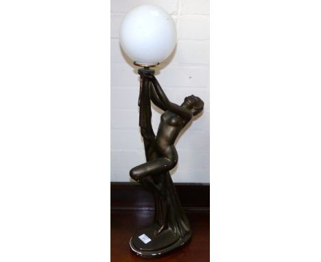 An Art Deco bronzed plaster table lamp, female figure with globe, height 27"