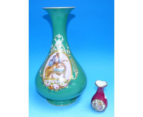 A Sèvres style baluster vase with polychrome panel (rim a.f.); 4 pieces of Limoges china