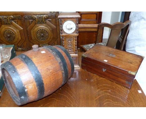 A miniature oak longcase clock; a brass bound lap desk; an oak sherry barrel