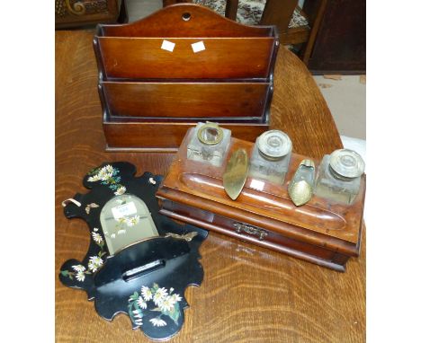 A Victorian walnut 3 bottle inkstand; a lacquer wall shelf; a letter rack