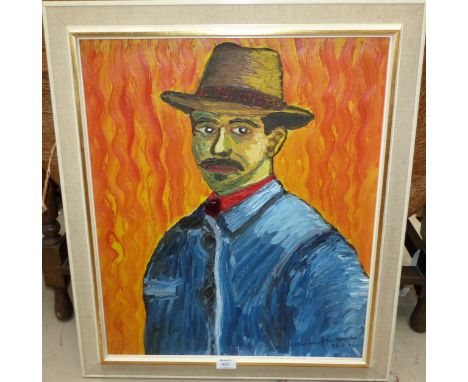 Norman MacDonald:  Self-portrait in hat, oil on canvas, signed and dated 8.12.62, 23" x 20", framed