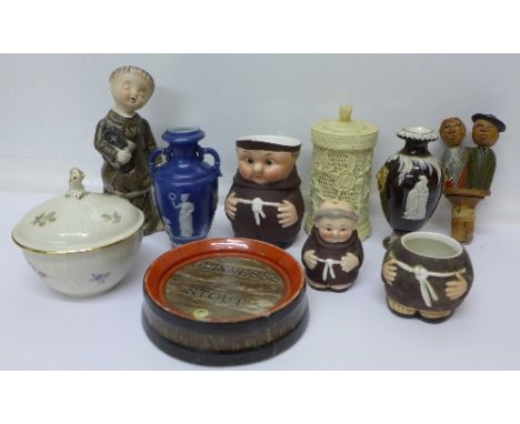 Goebel monk figures, Hong Kong pot, a Royal Copenhagen lidded pot, Guinness bottle coaster, etc.
