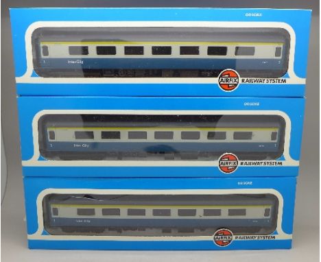 Three Airfix OO scale coaches, all 1st Class Inter City Open Coach MKII with BR Blue Livery, boxed