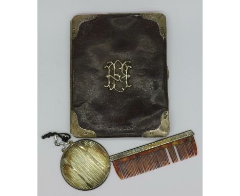 A silver mirror and comb set and a silver mounted wallet, comb a/f