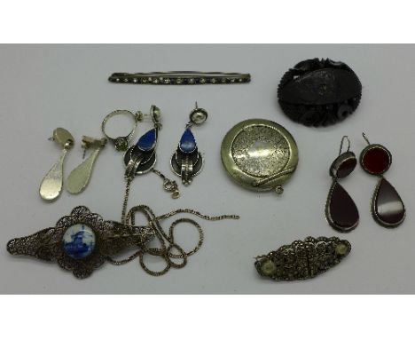 Three pairs of silver earrings, other jewellery and a plated compact