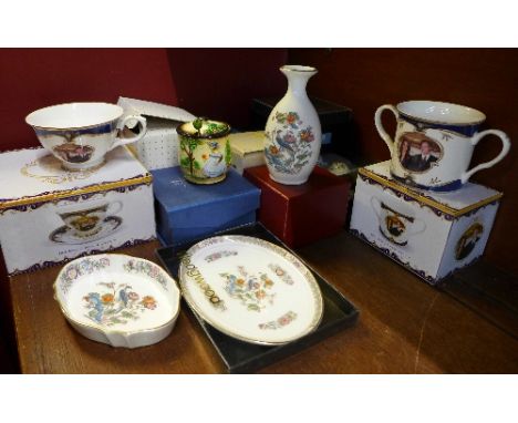 A Wedgwood miniature tea service, Wedgwood trinket dishes, glass salts and a Japanese preserve pot