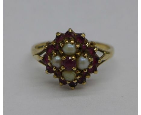 A 9ct gold, ruby and pearl ring, 3g, Q