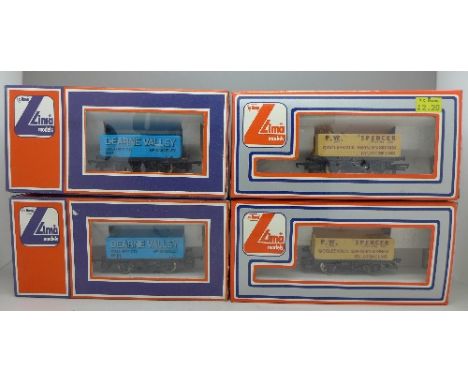 Four Lima OO scale railway wagons, two Dearne Valley and two P.W. Spencer, boxed