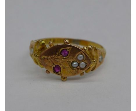 A 15ct gold, ruby and seed pearl ring, Chester hallmark, 2g, P