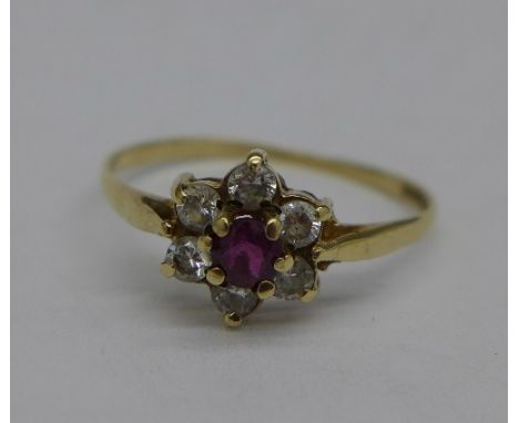 A 9ct gold, ruby and white stone cluster ring, 1.2g, Q