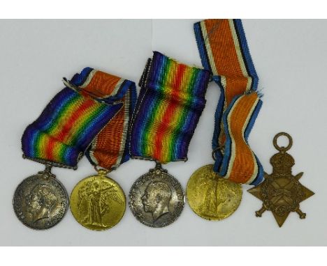 A family group of five WWI medals to 23305 Pte. S. Clarke, North Staffs Regt. and 13243 Pte. E. V. Clarke, Yorks. Light Infan