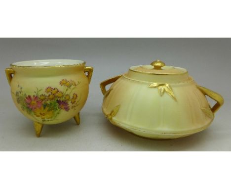 A Royal Worcester blush ivory cauldron and a bamboo lidded pot, lid a/f, 1326 to base