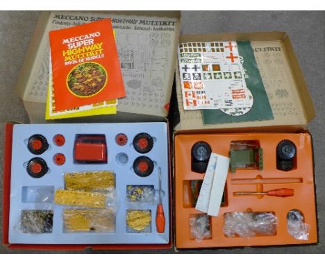 Two Meccano sets including Army Multi Kit and Super Highway Kit, boxed