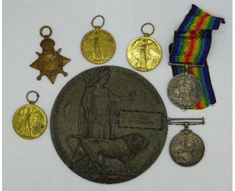 A family group of six medals to 13428 Pte. Robert Henderson, Scottish Rifles and death plaque, C.Z. 3375 D. Henderson, AB Roy