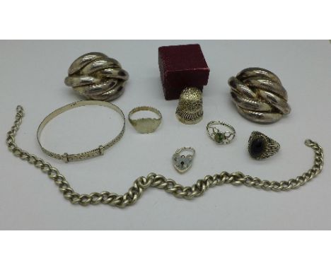 Silver jewellery, etc. including watch chain, large earrings, rings, a thimble, bangle and locket, 84g