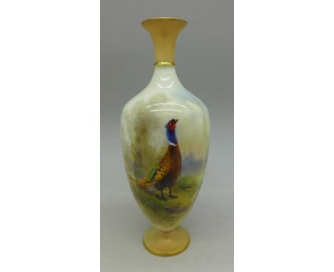 A small Royal Worcester vase depicting a pheasant, hand painted, signed Stinton, G790, 13cm