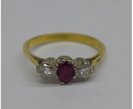 An 18ct gold, diamond and ruby ring, 3g, Q