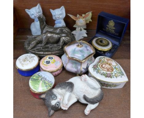 Two Royal Worcester figures, Kittens and Fledgling Wren, a resin figure of two greyhounds, two figures of cats plus six trink