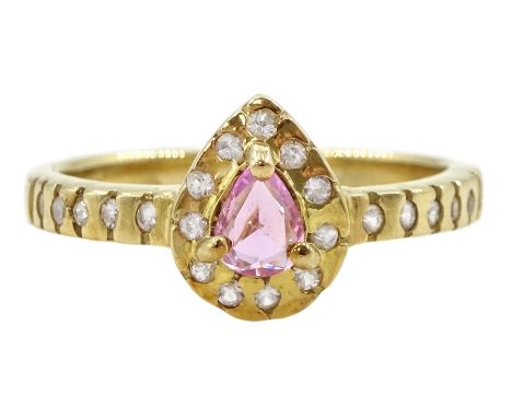 9ct gold pear shaped pink sapphire and diamond cluster ring, with diamond set shoulders, hallmarked Condition Report:Approx 2