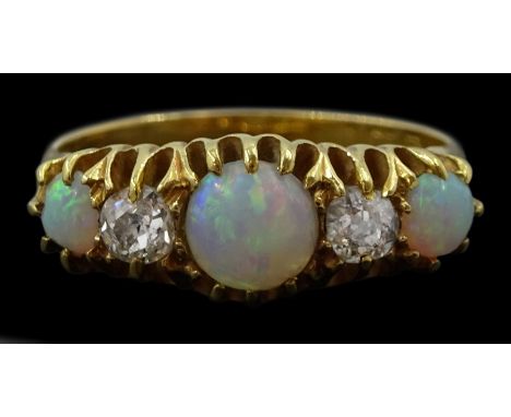 Early 20th century five stone opal and old cut diamond ring, hallmarkedCondition Report:Approx 3.6gm, size N-O, max depth = 7