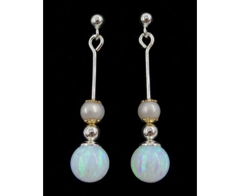 Pair of silver opal and pearl pendant stud earrings, stamped 925Condition Report:Length = 31mm, good condition 