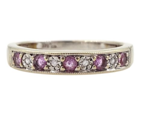 9ct white gold milgrain set diamond and pink sapphire half eternity ring, hallmarkedCondition Report:Approx 2.05gm, size K-L,