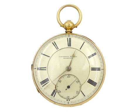 18ct gold open face lever fusee pocket watch by Fattorini &amp; Sons, Bradford, No. 38335, engraved balance cock with flower 