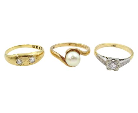 Early 20th century 18ct gold gypsy set two stone old cut diamond ring, London 1930, single stone round brilliant cut diamond 
