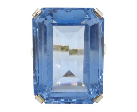 9ct gold large synthetic blue stone set ringCondition Report:Approx 11.05gm, size O, max depth = 22mm, tested 9ct