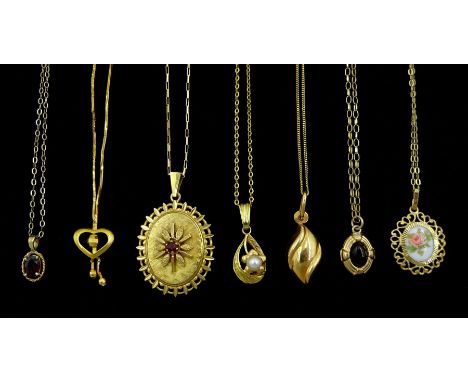 Seven 9ct gold pendant necklaces including garnet, pearl and enamelCondition Report:Approx 11.65gm