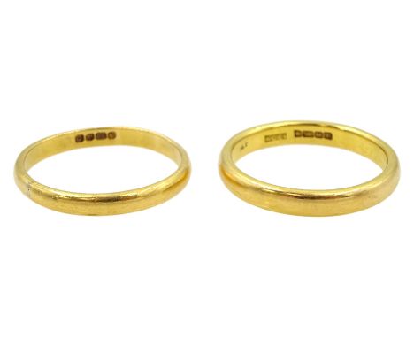 Two 22ct gold wedding bands, both hallmarked Birmingham 1939 and 1953Condition Report:Approx 9.45gm, sizes S and T, max band 