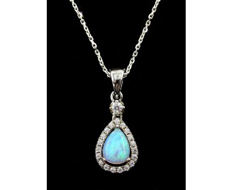 Silver pear shaped opal and cubic zirconia cluster pendant necklace, stamped 925 Condition Report:Pendant length = 2.2cm, cha