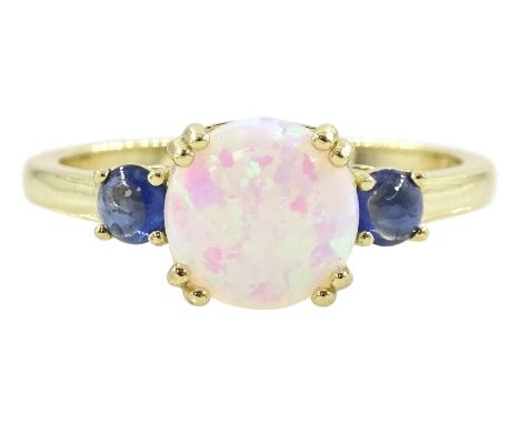 Silver-gilt three stone opal and sapphire ring, stamped 925Condition Report:Size R, good condition 