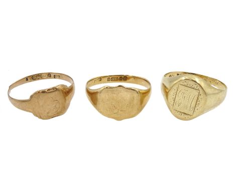 Gold shield signet ring and two gold other signet rings, all 9ctCondition Report:Approx 10.1gm, shank broken to rose gold and