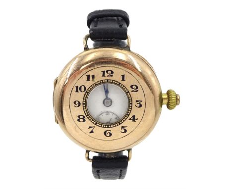 Early 20th century Vertex 9ct gold manual wind half hunter wristwatch, white enamel dial with subsidereary seconds dial, the 