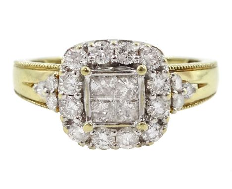 9ct gold princess and round brilliant cut diamond square cluster ring, with beaded pierced gallery and shoulders, hallmarked,